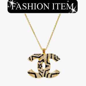 A-1FN-14: NECKLACE: Black, Gold-Tone Zebra Stripe w/Rhinestone Pendant, NWOT